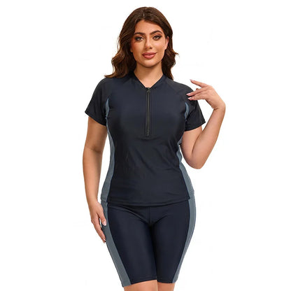 Plus Size Women Modest Swimwear Short Sleeve Swimsuit Rash Guard Tummy Control Two Piece Surf Suit Beachwear UPF 50 Bathing Suit