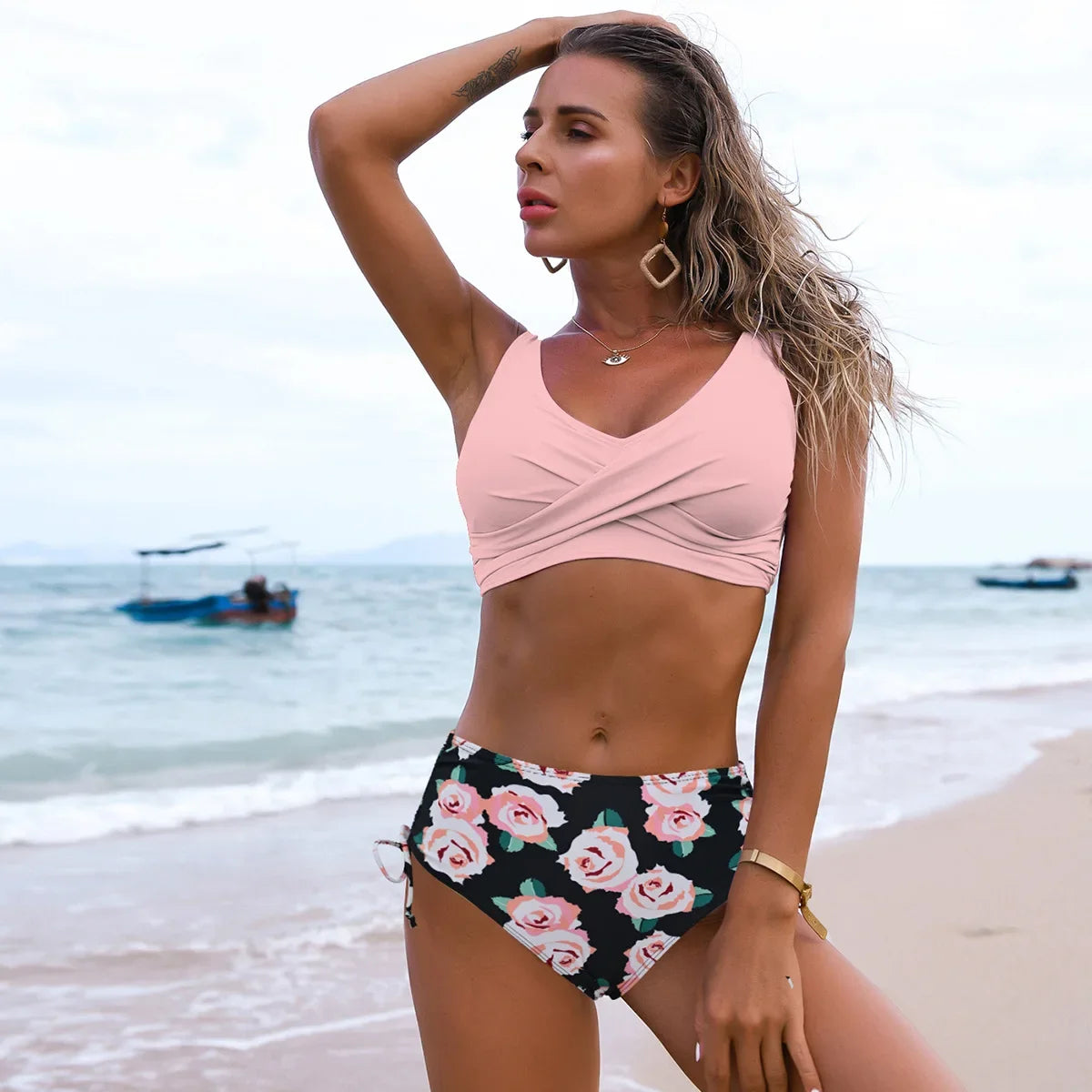 High Waist Bikini Set Push Up Bandage Swimwear Women Print Floral Two Pieces Swimsuit Beach Wear Strappy biquini
