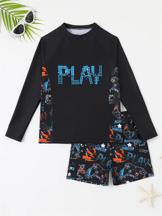 Boy Kids Swimsuit Solid Print Long Sleeves Two Piece Children Swimwear Summer Shorts Beach Wear Bathing Suit Swimming