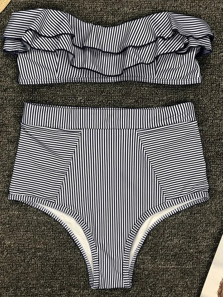 Striped Top Ruffle High Waist Bikini Women Swimwear Female Swimsuit Two-pieces Bikini set Bandeau Bikinis Bathing Suit Swim