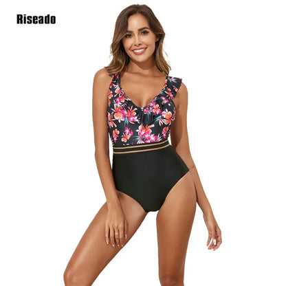 Riseado Ruffled One-Piece Swimsuit For Women Floral Sexy V-neck Backless Monokini Swimwear 2024 Mesh Bathing Suit Beachwear