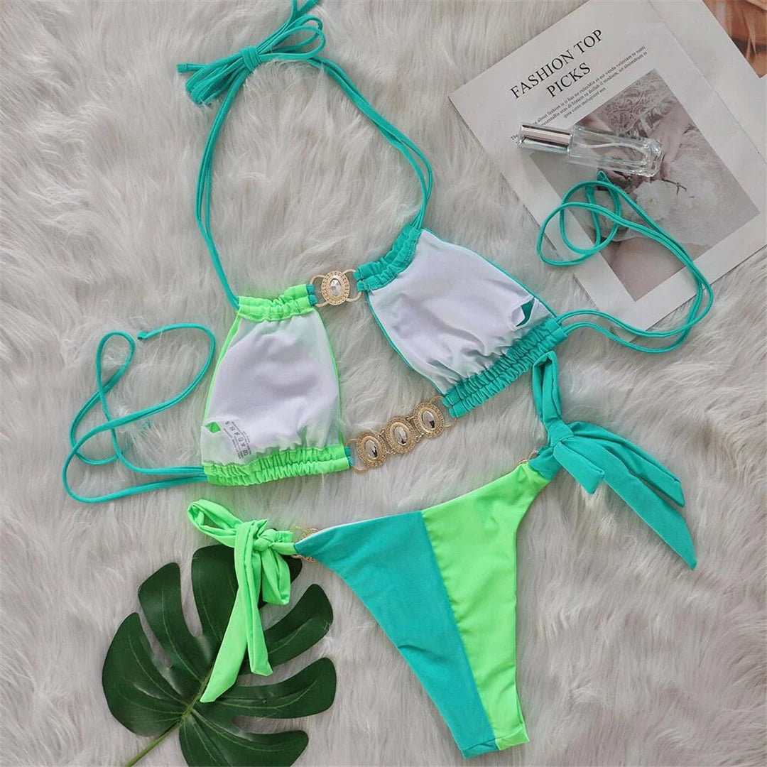 8 Colors Diamond Rhinestones Splicing Bikini Women Swimwear Female Swimsuit Two-pieces Bikini set Bather Bathing Suit Swim