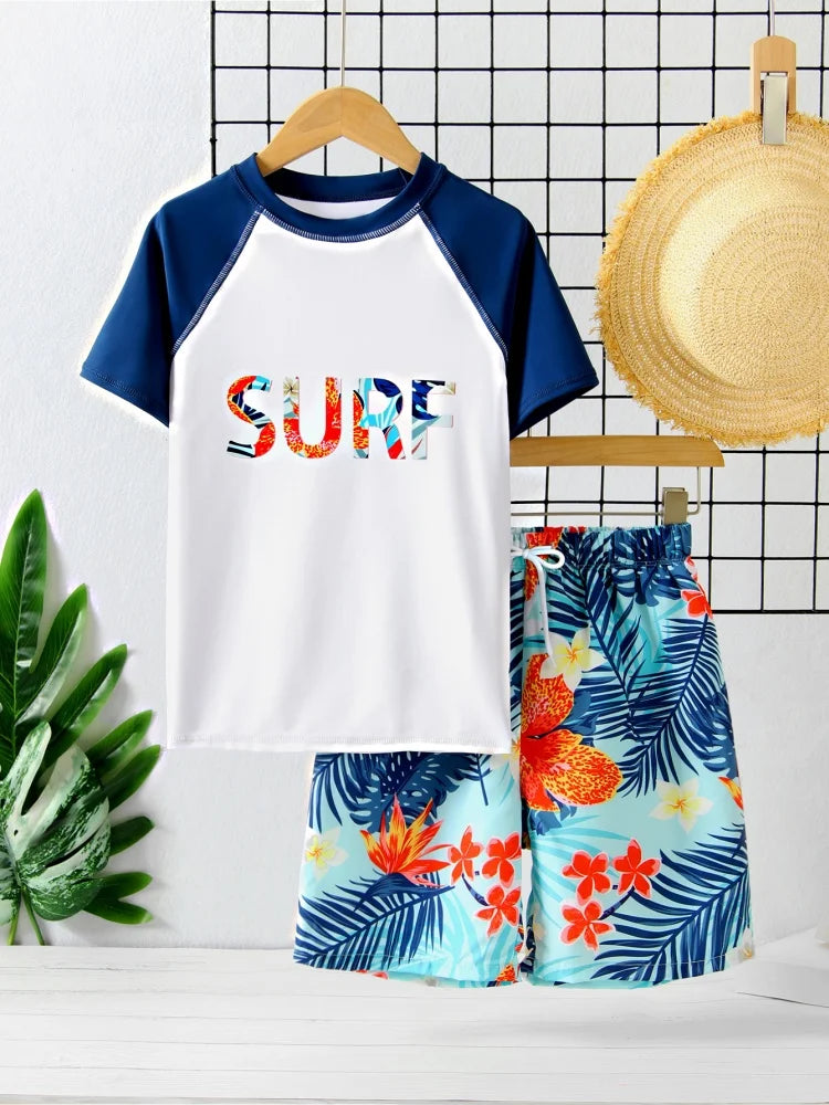 Boys' White Letter-Print Short-Sleeve Rash Guard & Shorts Set