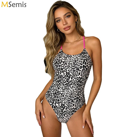 Women's Leopard Print One Piece Bikini Swimsuit High Out Swimwear Backless Ring Linked Female Swimming Bathing Suit Beachwear