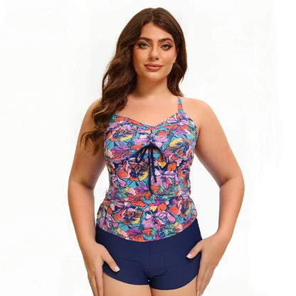 Women's Plus Size Printed Tankini Swimsuit - Crisscross Back Top + Tie-Side High-Waist Shorts, Flattering Swimwear for Beach
