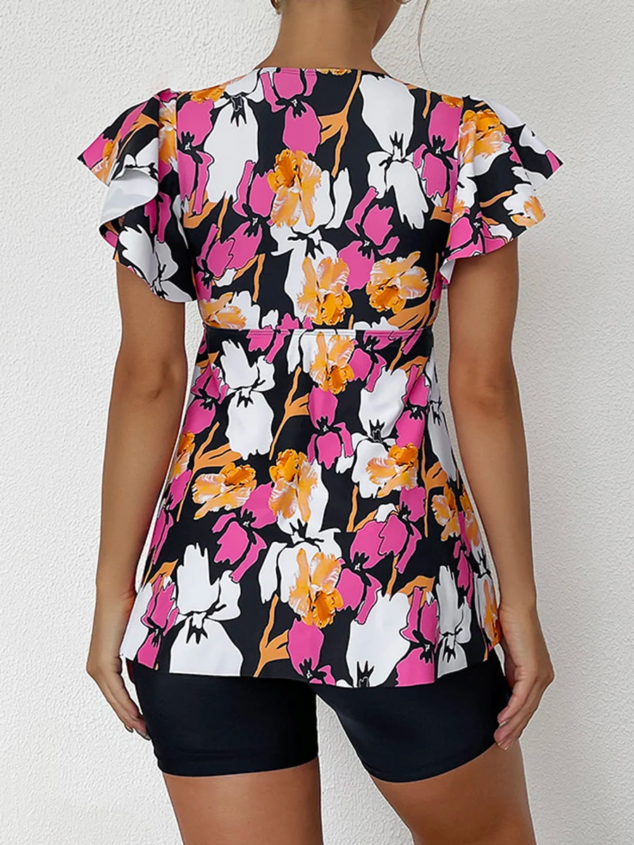 Printed Tankini Set Two Piece Swimsuit Women Tie Front Drawstring Swimwear Female Bathing Swimming Suit Beachwear Summer