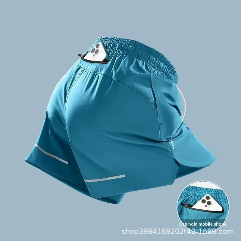 Mens Ice Silk Running Shorts Quick Dry Marathon Three Quarter Length With Phone Pocket Summer Professional Sports Shorts