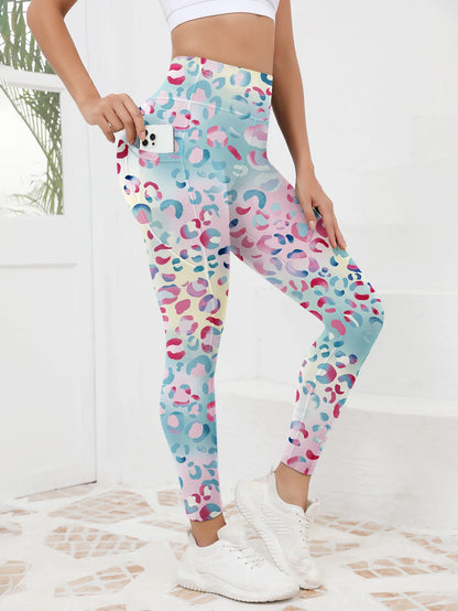 Printed women's high waistband pocket fitness pants paired with tight abdominal yoga pants, suitable for running