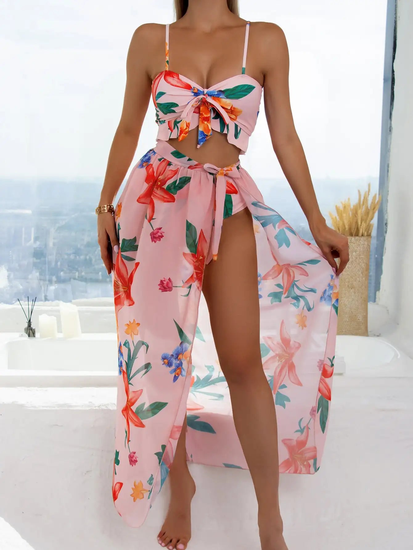 3 Pieces Floral Print Knot Front Bikinis Women Ruffle Swimwear Female High Waist Swimsuit With Beach Skirt Bathing Suit