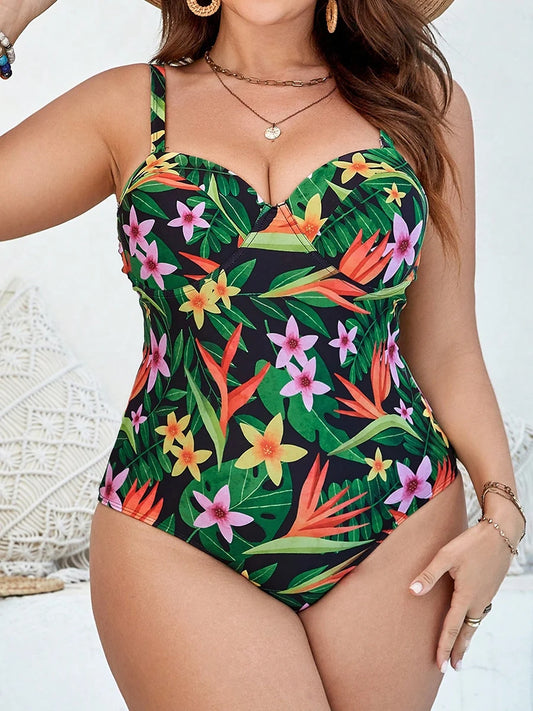 Large Plus Size One Piece Swimsuit Women Strappy Print Push Up Swimwear Female Bathers Bathing Swimming Swim Suit Beachwear
