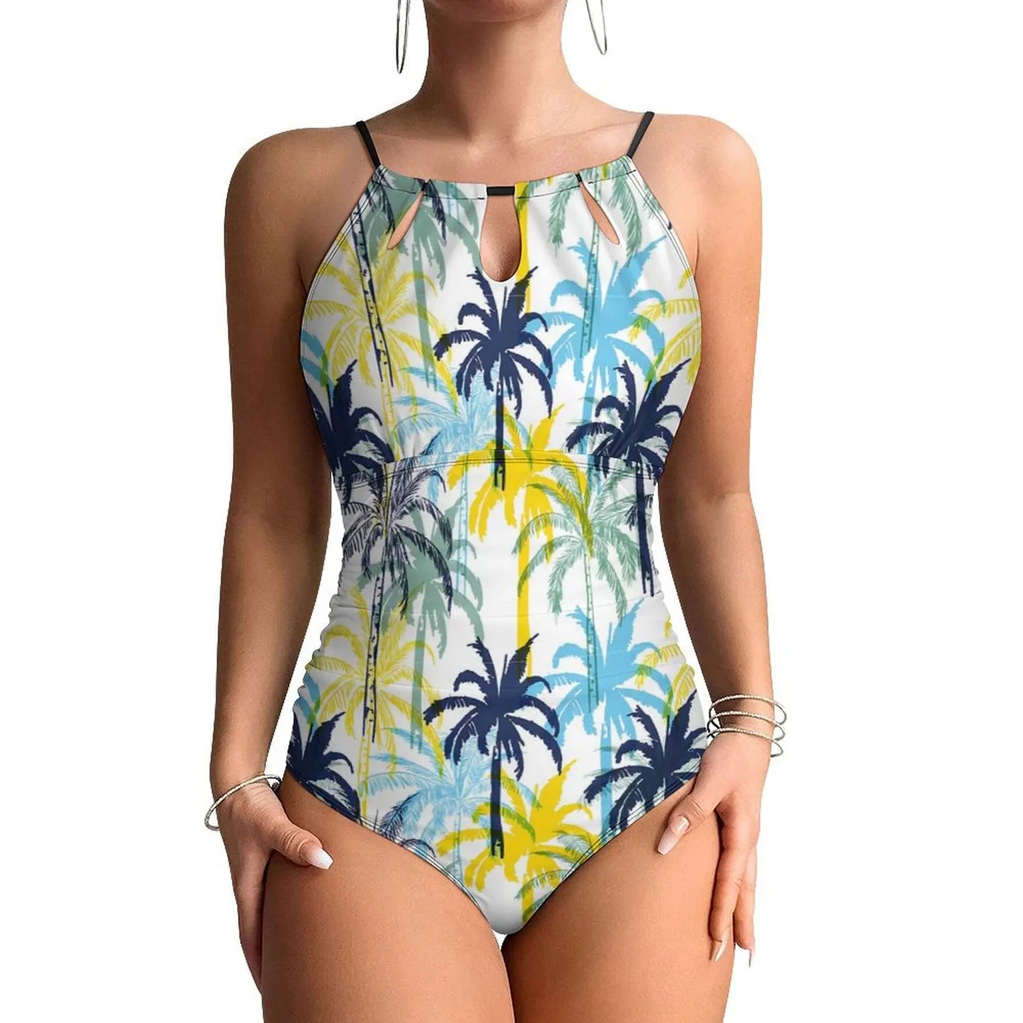 Neon Palm Trees Swimsuit Plant Print Swimwear One Piece Beach Swimsuits Sleeveless Bathing Suits Women Push Up Beach Wear