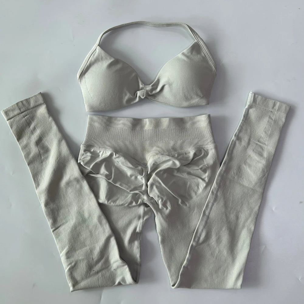 2 Pieces Set For Woman Strappy Yoga Bra Sports Top Workout Leggings Set Seamless Gym Set Fitness Clothes Outfit Activewear