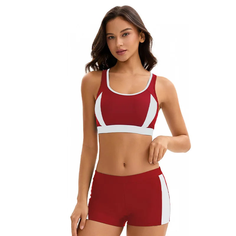 Two Piece Bikinis Swimsuits for Women Tummy Control Bathing Suit with Shorts Athletic Swimwear  Block Color Swimming Wear