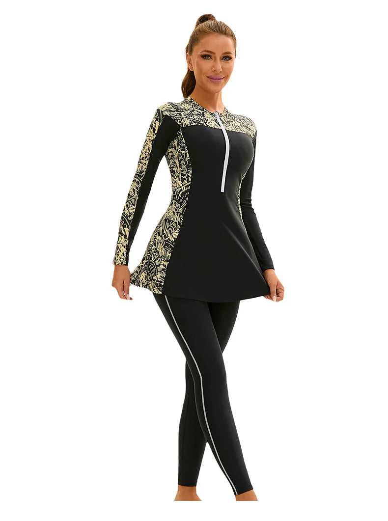 Modest Printed Swimwear Set Women's Long Sleeve Zip-Up Burkini with Skirt & Pants