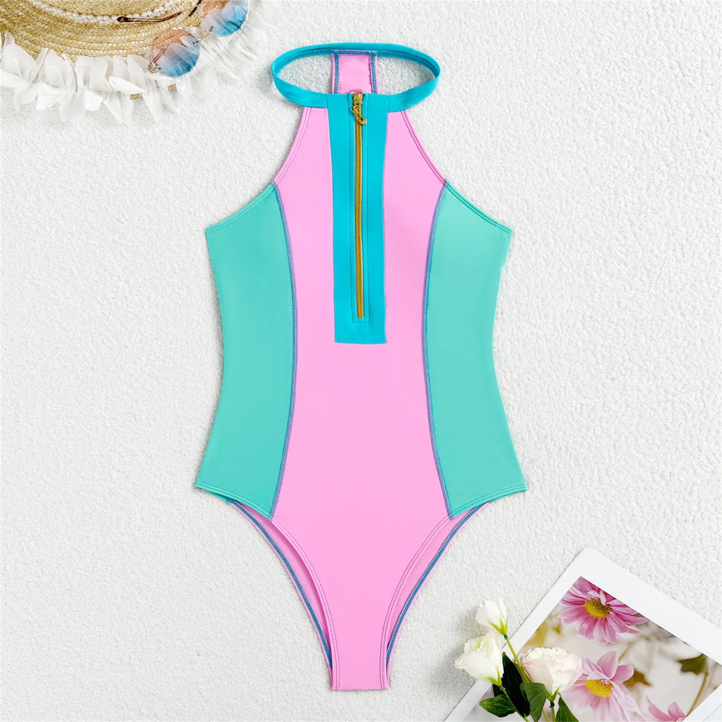 Summer Women Sleeveless Zipper Front One-Piece Swimsuit Surfing Suit Swimwear
