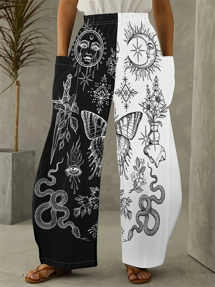 Simple Star And Moon Abstract Sun Print Pants Fashionable European And American Ladies Wide-leg Pants Delicate And Elegant Pants