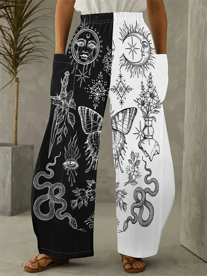 Simple Star And Moon Abstract Sun Print Pants Fashionable European And American Ladies Wide-leg Pants Delicate And Elegant Pants