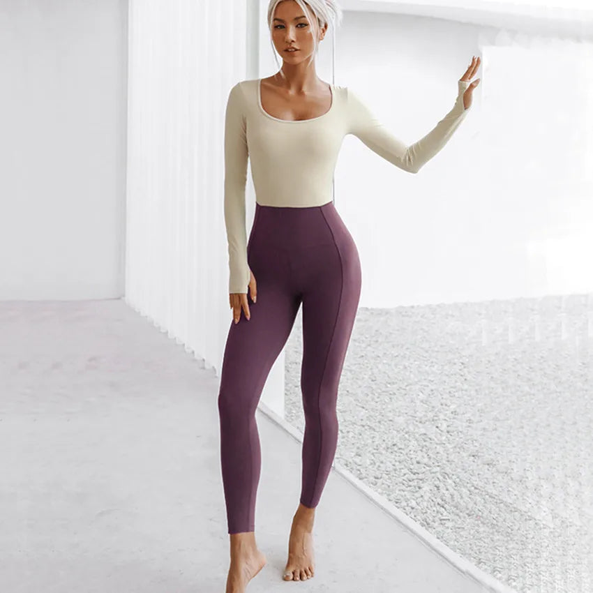 Women's Two-Tone Long-Sleeve Open-Back Workout Jumpsuit