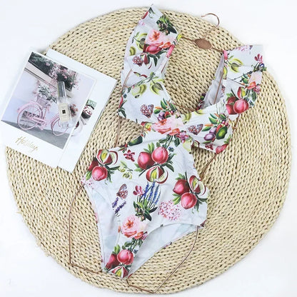 One Piece Swimsuit Swimwear Women Flowers Fruits Print V-neck Big Ruffle Backless Bowknot Hollow Beachwear Bathing Suit