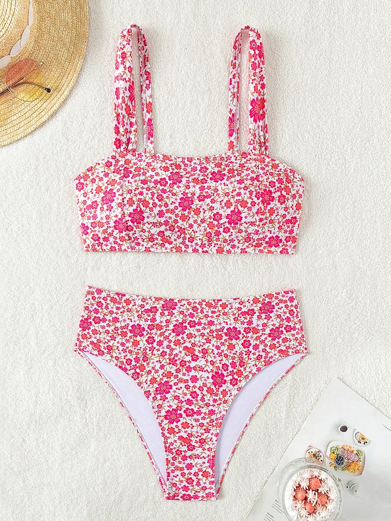 Floral Print 2 Piece Swimsuit for Women High Waist  Bandeau Bikini Set Suspender Backless Beach Vacation Swimwear Bathers