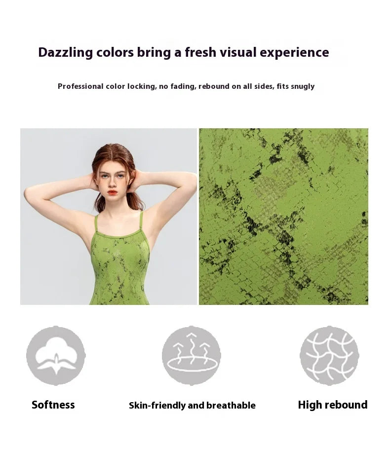 Green Pattern One-piece Swimsuit Women Quick-drying Chlorine Resistant Swimsuit