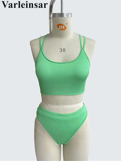 S - XXL Ribbed Cross Back Mid Waist Bikini Female Swimsuit Women Swimwear Two-pieces Bikini set Bather Bathing Suit Swim