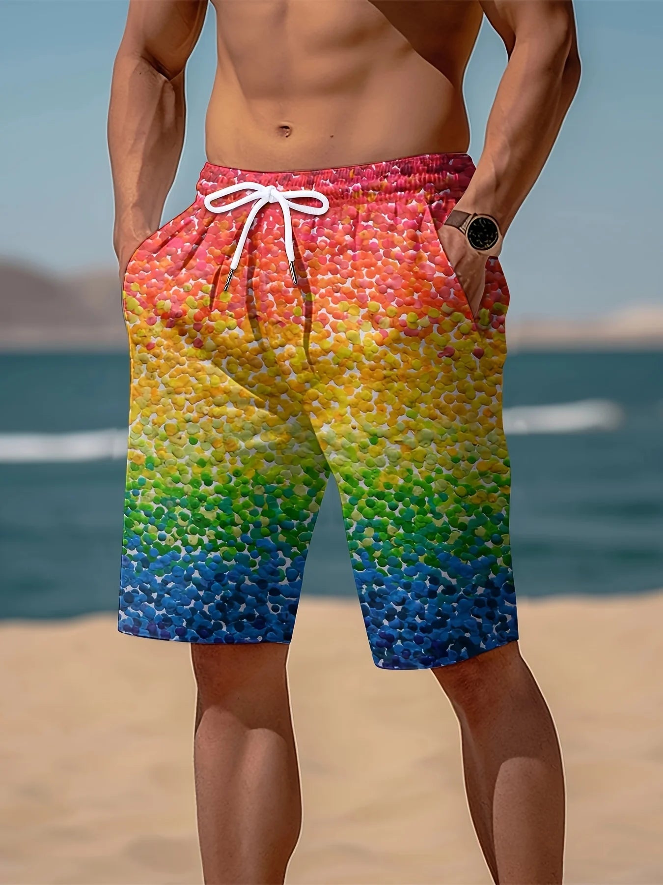 Men's shorts beach swimwear rainbow print sports pants quick drying ventilated waist fashionable casual daily wear