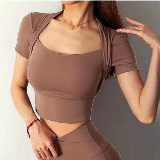 Fabric Yoga Crop Short Sleeve Build-in Bra Square Neck Gym Crop Top Workout Bra Crop U Neck Yoga Crops with Bra