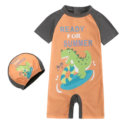 Baby Boys Girls 2pcs Summer Beach Swimwear Print Cartoon Cap+Bodysuit Infant Suit Outfit Bathing Swimsuit