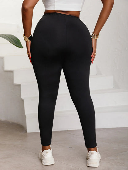 Plus Size Women's Leggings Trendy Faux Cut-Out Stripe Design Comfortable High-Elasticity Knit Pants Solid Color Base Trousers