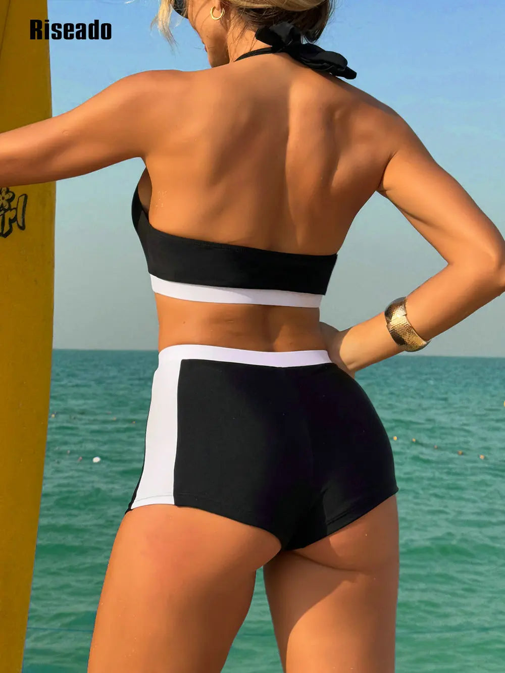 Women's Two Piece Black Swimsuit Push Up Bikini Set Swimwear with Boy shorts V Neck Bathing Suit