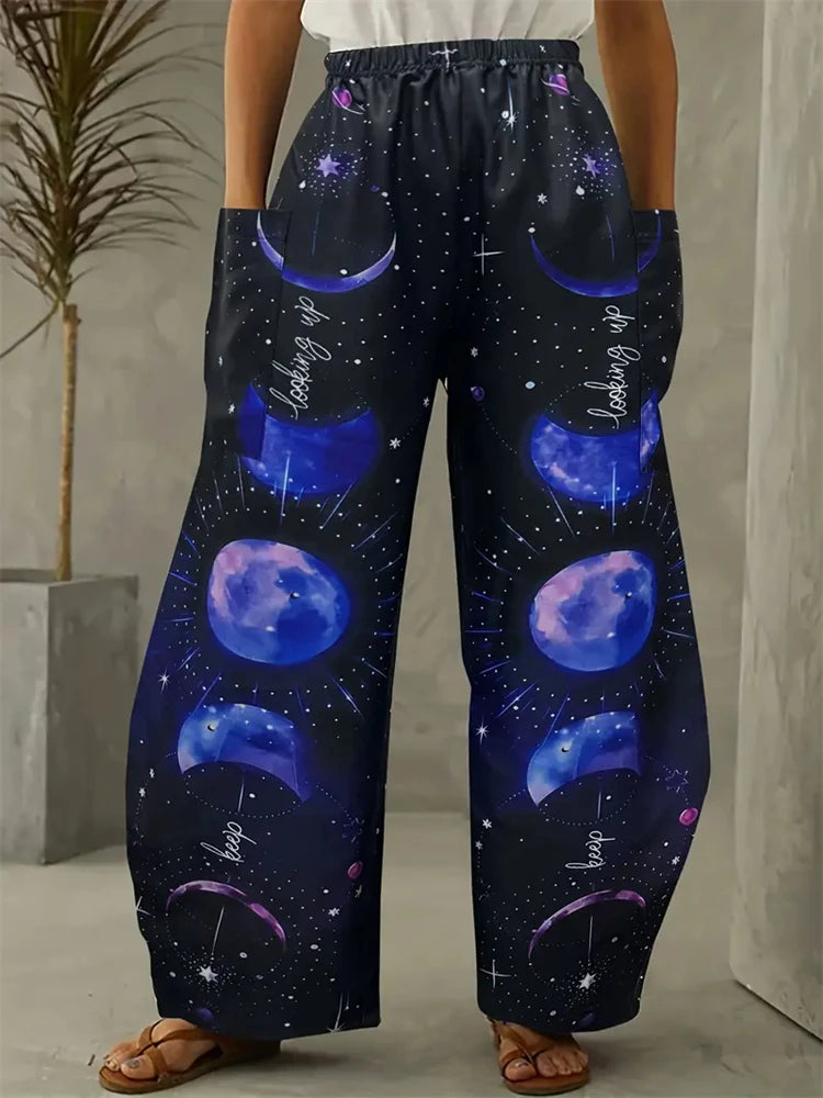 Simple Star And Moon Abstract Sun Print Pants Fashionable European And American Ladies Wide-leg Pants Delicate And Elegant Pants