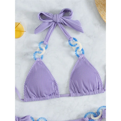 Halter Shiny Ring Ribbed Bikini Female Swimsuit Women Swimwear Two-pieces Bikini set Brazilian Bather Bathing Suit Swim