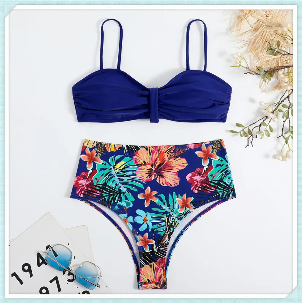 Solid Bandeau Bikini Set Women Tropical Printed Swimwear Female Push Up Swimsuit High Waist Bathing Suit Tie Back Beachwear