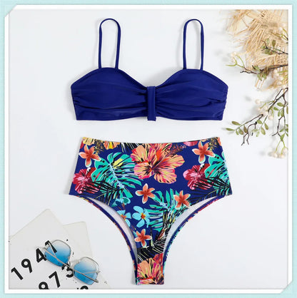 Solid Bandeau Bikini Set Women Tropical Printed Swimwear Female Push Up Swimsuit High Waist Bathing Suit Tie Back Beachwear