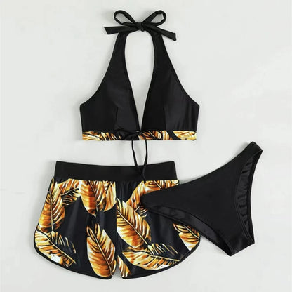 Women Tankini Bikinis 6 Colors Halter Bikini 3 Piece Set Leaf Print High Waisted Swimsuit Beach Bathing Suit Size S-XXL