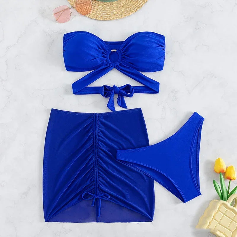 Blue Bandeau Swimwear Women Mesh Cover Up Three Piece Bikinis Set Swimsuits Female Bathing Suit Brazilian Beach Wear Swim