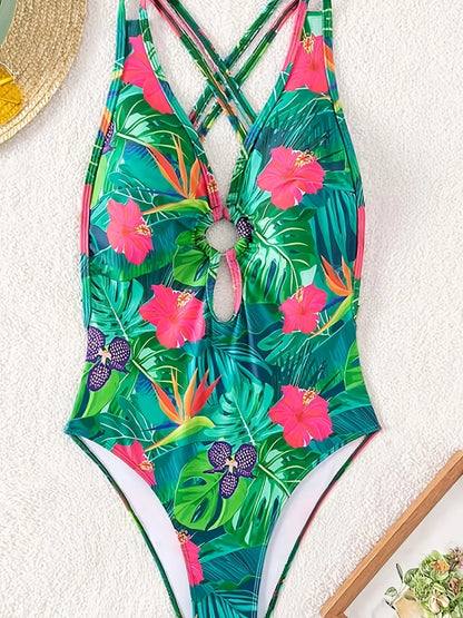 Tropical Print One-piece Swimsuit Bikini Set Ring-Linked Criss Cross Straps Backless Bathing Suit Women Swimwear Clothing