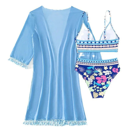 Striking Blue Floral Women's Bikini Set Three-piece swimsuit