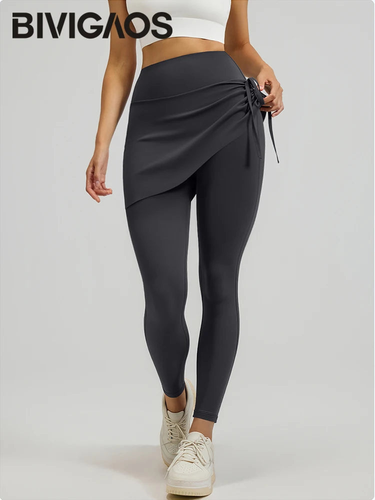 Spring Drawstring Pleated Yoga Leggings Skirt Pants Fake Two Piece Women High Waist Elastic Sports Fitness Leggings