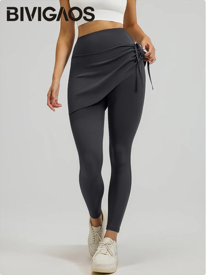 Spring Drawstring Pleated Yoga Leggings Skirt Pants Fake Two Piece Women High Waist Elastic Sports Fitness Leggings