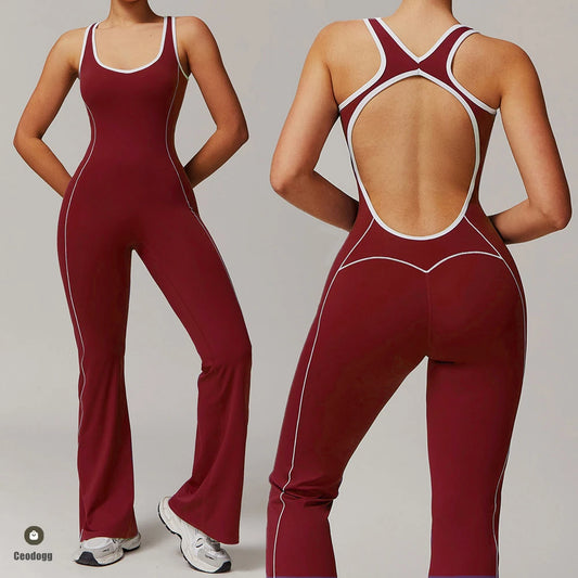 Pad Gym Women Jumpsuit Bell-bottoms Training Yoga Set Sportswear Women Sports Jumpsuit Fitness Rompers Stretch Workout Bodysuits