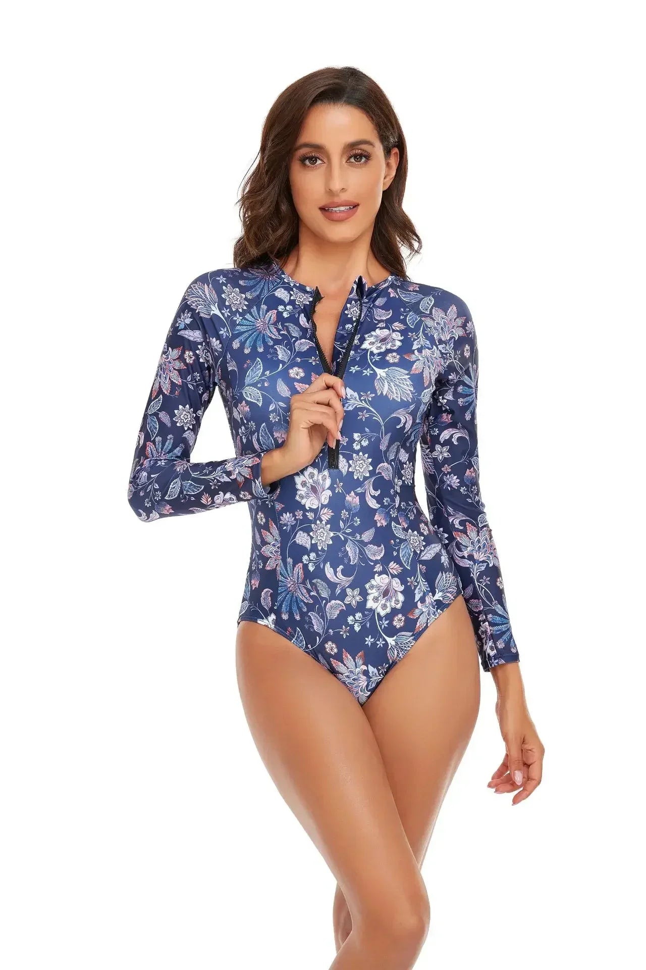 One-piece Swimsuit Women Long Sleeves Sunscreen Surf Wear Solid Color Stitching Zipper Conservative Summer Beach Swimwear
