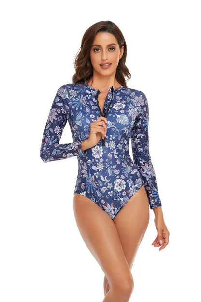 One-piece Swimsuit Women Long Sleeves Sunscreen Surf Wear Solid Color Stitching Zipper Conservative Summer Beach Swimwear
