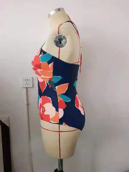 Print Push Up Plus Size Swimwear Women Tied Halter Large Big One Piece Swimsuit Curvy Brazilian Bathing Suit