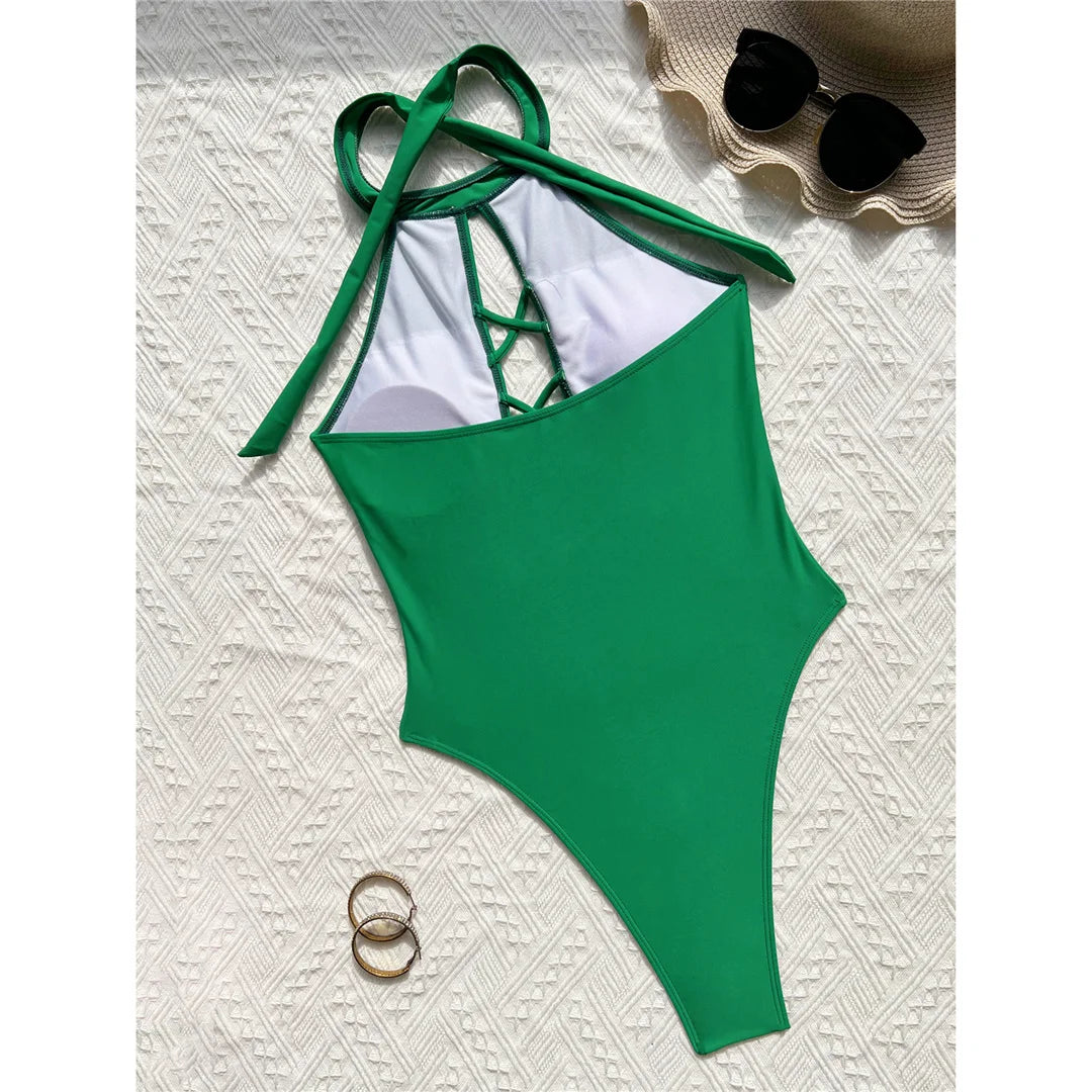 S - XL 7 Colors Lace Up High Neck Full Back Women Swimwear One Piece Swimsuit Female High Leg Cut Bather Bathing Suit Swim