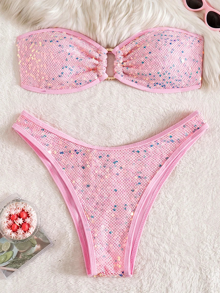 Glitter Sequins Fishnet Rings Bandeau Bikini Female Swimsuit Women Swimwear Two-pieces Bikini Set Brazilian Bathing Suit Swim