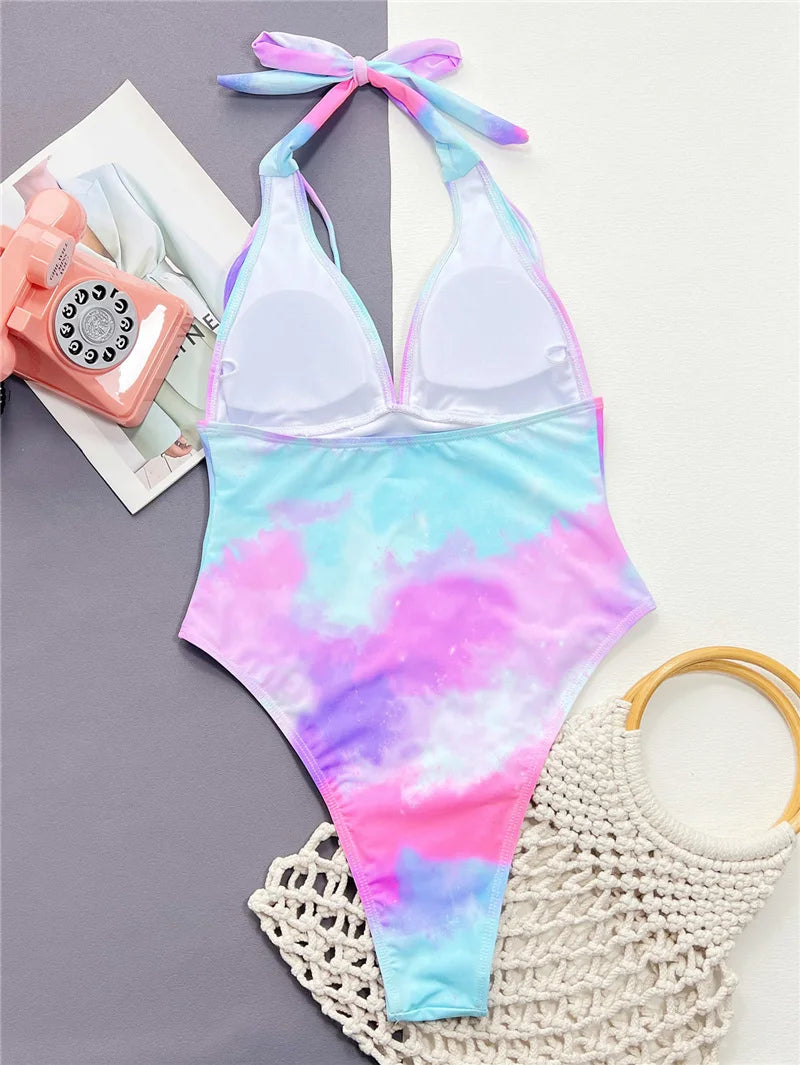 Tie Die Design Backless Swimwear Women Beach One Piece Swimsuit