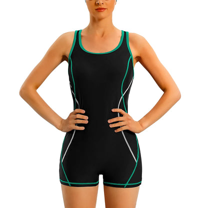Anfilia One Piece Women Sports Swimwear Backless Boxer Conservative Swimsuit Patchwork Beach Wear Bathing Suit