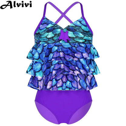 Kids Girls Fish Scales Mermaid Bathing Suit Two-piece Bikini Swimsuit Sleeveless Tops with Briefs Tankini Swimwear Beachwear